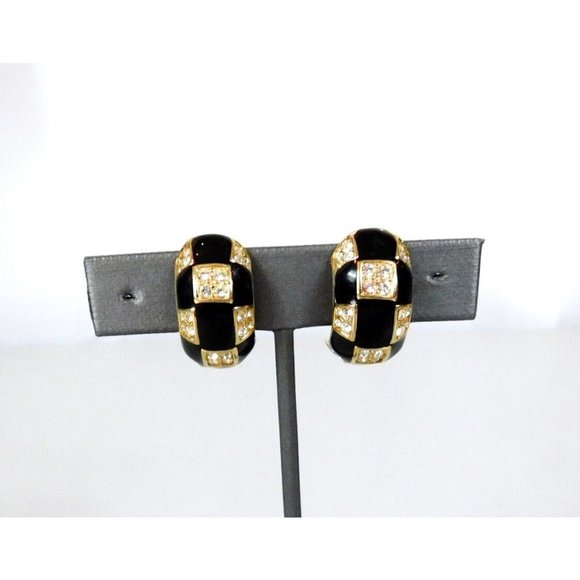 Roman Black Enamel Pave Crystal Rhinestone Half Hoop Earrings Clip on - Picture 1 of 10
